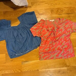 LOFT Blue Denim Top and Pink Patterned Blouse petite medium